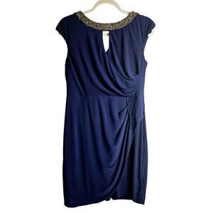 Alex Evenings Beaded Collar Sheath Dress Size 14 Petite Navy Blue Cocktail